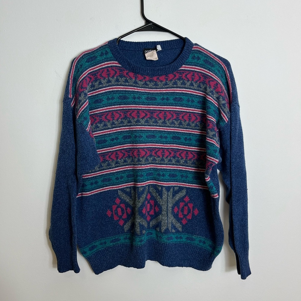 Cozy Patterned Crewneck Sweater - Navy, Teal & Pink